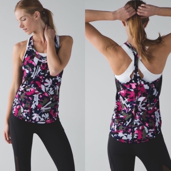 Lululemon Floral print Fast Lane Singlet Tank Top Pop Cut Boom Juice Multi Black - Picture 1 of 9